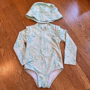 Eddie Bauer Mint Green Leaf Print Girls Rash Guard w/ bucket hat sz 24 months